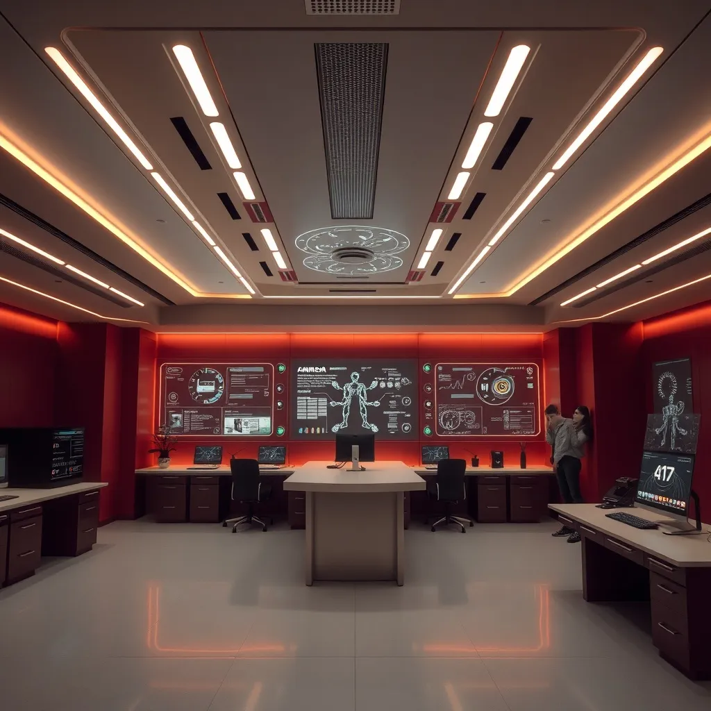 A futuristic high-tech minimalist workspace with holographic